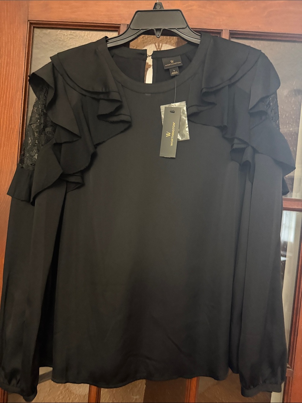 Worthington Black Long-Sleeve Ruffle & Lace Top